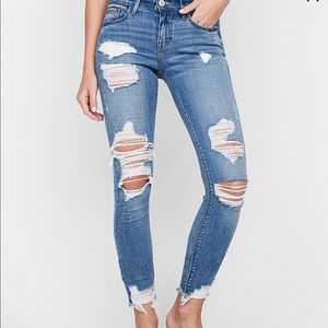 Express medium wash distressed skinny jeans